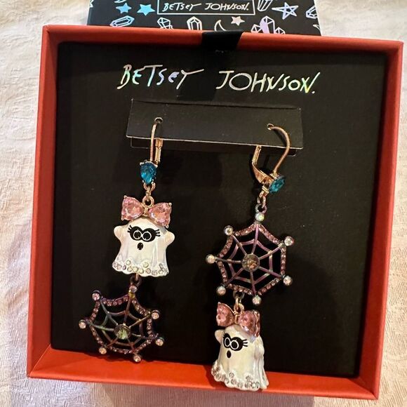 Betsey Johnson Ghost Spider Web Pierced Earrings Sparkly Rhinestones - Picture 1 of 11